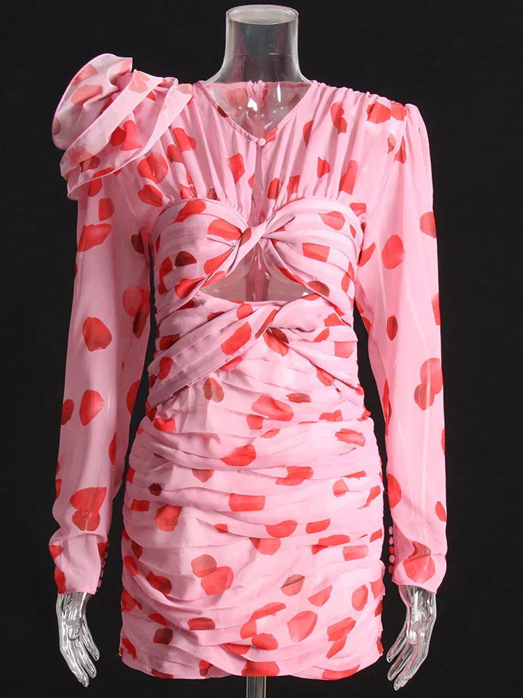 TWOTWINSTYLE Cut Out Ruched Patchwork Floral Dress For Women V Neck Long Sleeve High Waist Print Mini Dresses Female Clothes New Pink