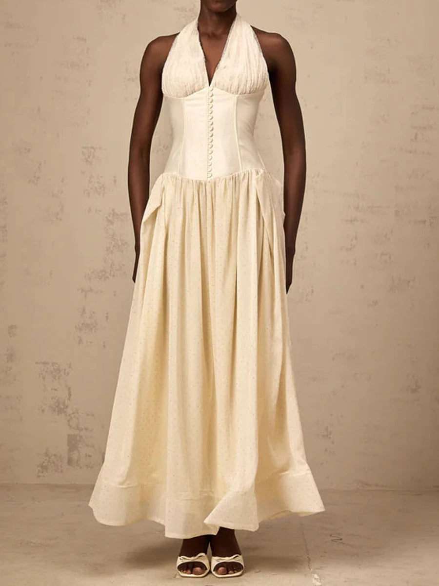 TWOTWINSTYLE Solid Slimming Temperament Dresses for Women Halter Neck Sleeveless Patchwork Folds Tunic Elegant Dress Female New