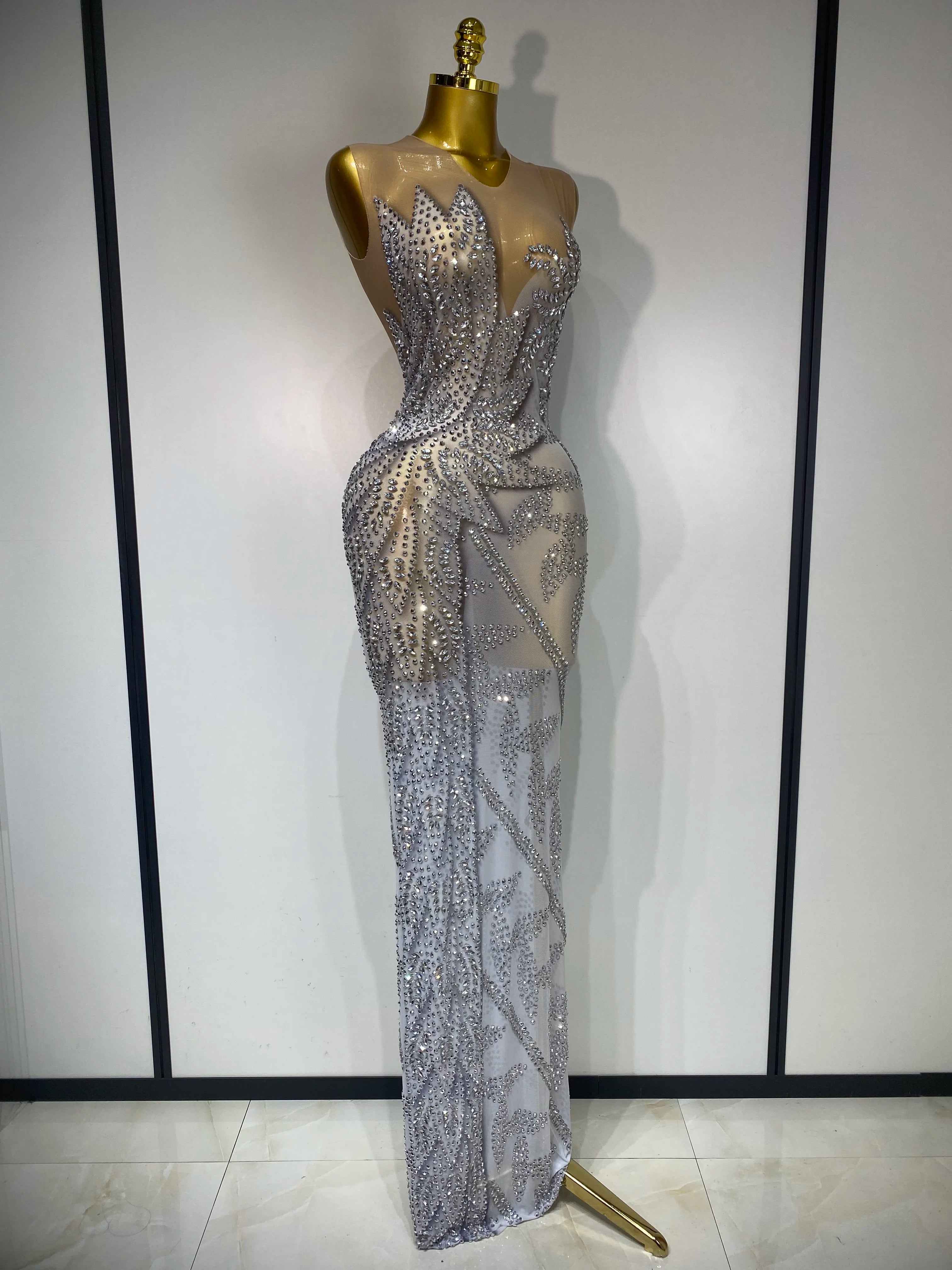 Luxury Rhinestone Sleeveless Silver Long Dress Women Sexy Mesh See Through Evening Prom Birthday Photo Shoot Singer Stage Outfit