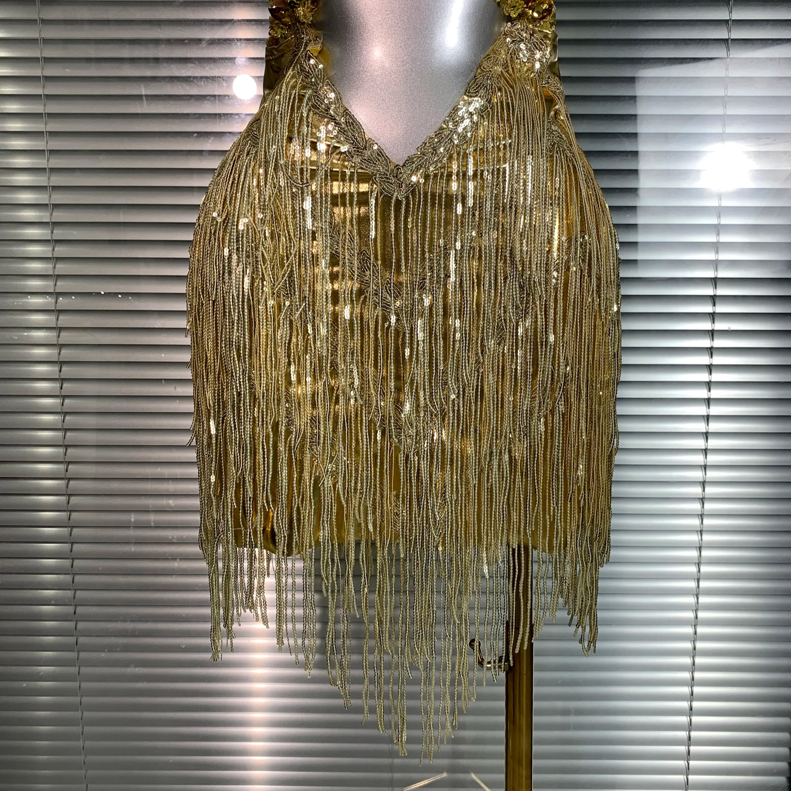 Women Sexy Mesh Tassel Crystal Diamonds Mini Performance Costume Stage Dancer See Through Stretchy Gold Night Club Party Dress