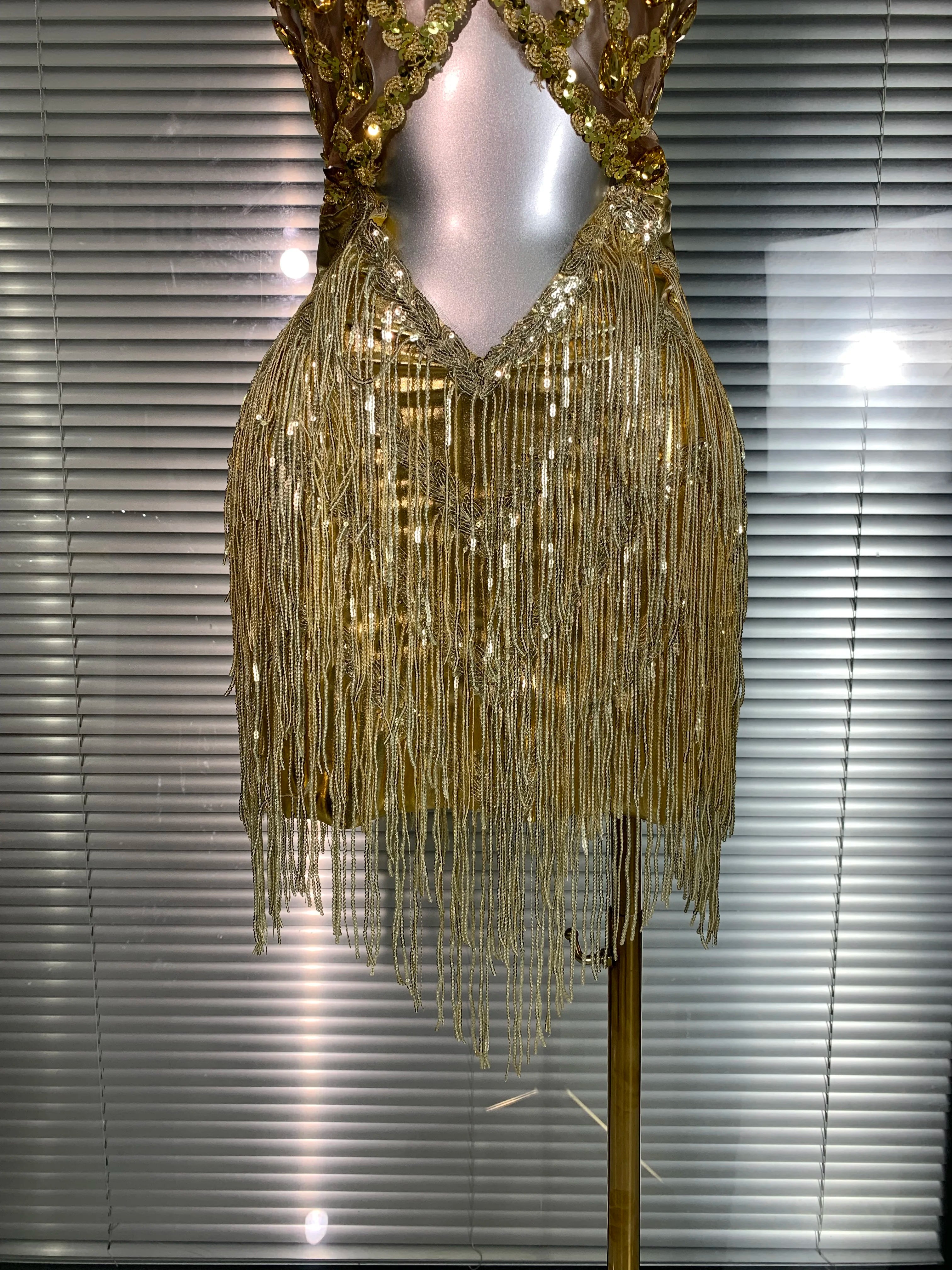 Women Sexy Mesh Tassel Crystal Diamonds Mini Performance Costume Stage Dancer See Through Stretchy Gold Night Club Party Dress