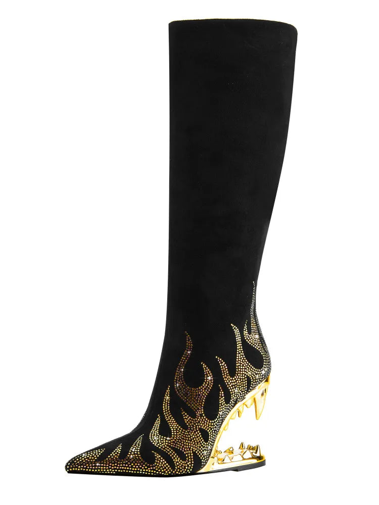 Women's Autumn and Winter New Water Diamond Knee Long Boots Pointed Side Zipper Tiger Teeth High Heels Banquet Party Boots Gold long style