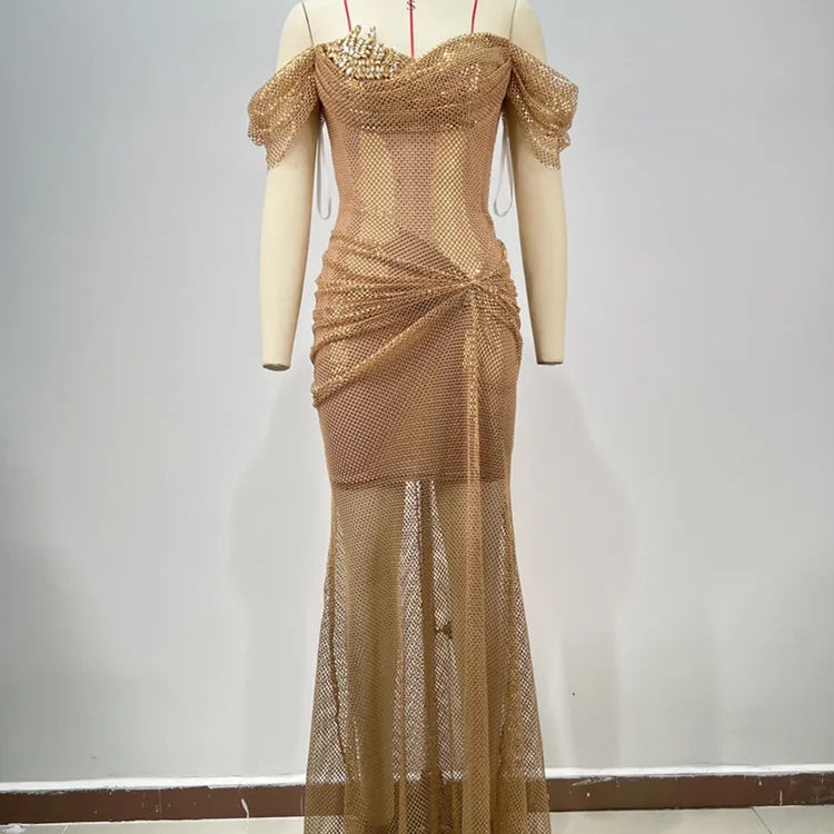 Women Celebrity Sexy Off Shoulder Diamonds Net Sparkly Gold Maxi Long Gowns Dress Elegant Evening Party Club Vestido