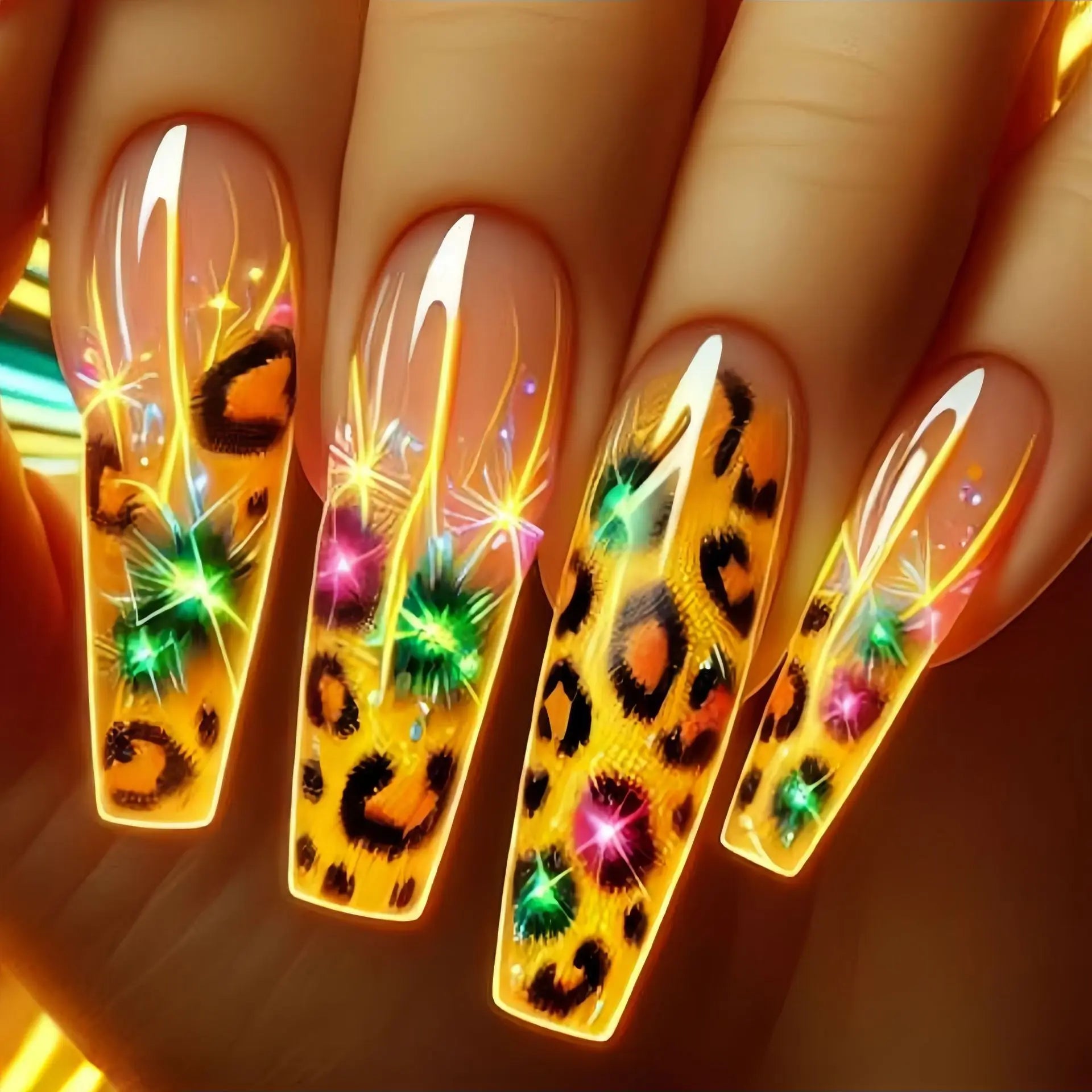 24pcs/set Short medium long fake nails colorful gradient Y2K sunset heart leopard print square ballet tips press on false nail