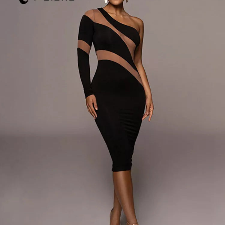 Cnyishe One Shoulder Mesh Sheer Midi Dress For Women Party Club Elegante kjoler Autumn Fashion Streetwear Sexy Slim Dress Robes