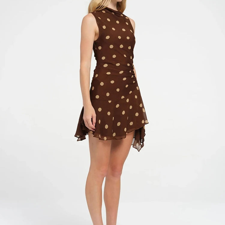 Sleeveless Polka Dot Dress For Woman Fashion Brown Print Mesh O Neck Ruched Mini Dress Elegant Irregular Dresses