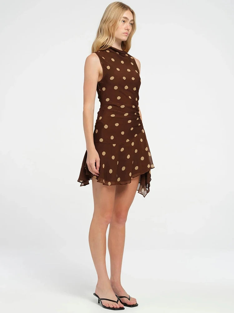 Sleeveless Polka Dot Dress For Woman Fashion Brown Print Mesh O Neck Ruched Mini Dress Elegant Irregular Dresses