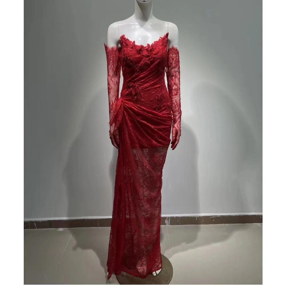 Vintage Black Color Women Off the Shoulder Sexy Lace High Split Bodycon Long Dress Elegant Evening Party Cocktail Dress