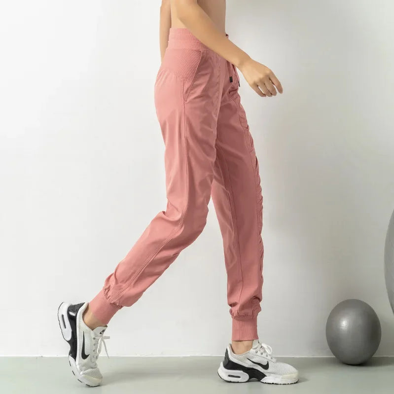 Fabric Drawstring Running Sport Joggers Women Quick Dry Athletic Gym Fitness Sweatpants with Two Side Pockets Exercise Pants Pink