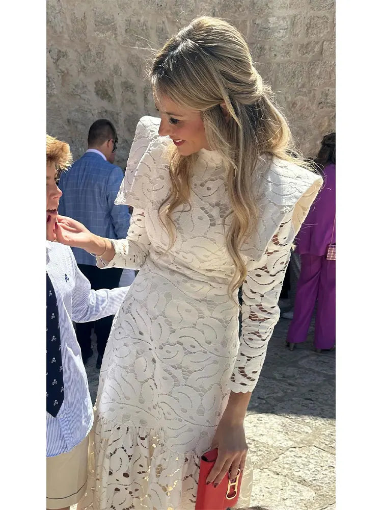 Elegant Hollowed Lace Maxi White Dress Women Fashion Mock Neck Long Sleeved Shoulder Padded Robes 2024 Evening Women's Clothing