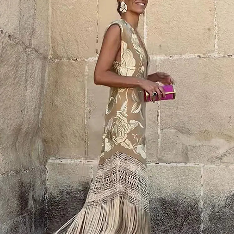 Women V Neck Tassels Dress Sexy Sling Sleeveless Backless Slim Dresses Spring Summer Elegant Female Casual Party Prom Vestido