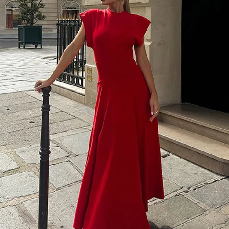 Chic Shoulder Pad Round Neck Solid Maxi Dress Women Elegant Sleeveless A-line Long Dresses 2024 Lady Fashion High Street Robes
