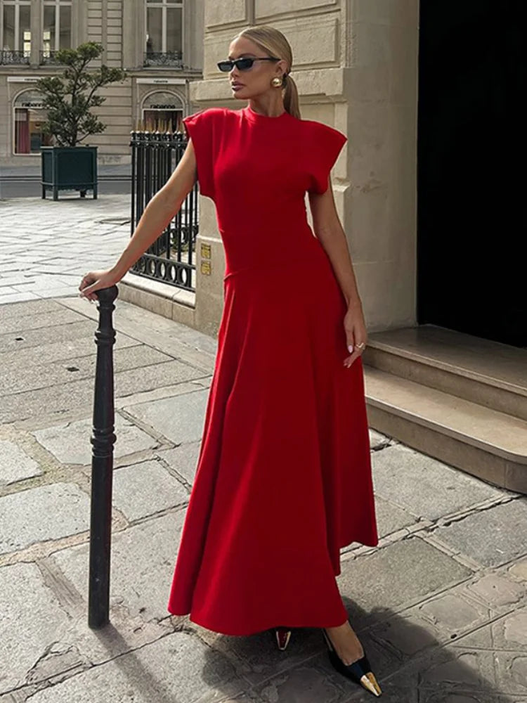 Chic Shoulder Pad Round Neck Solid Maxi Dress Women Elegant Sleeveless A-line Long Dresses 2024 Lady Fashion High Street Robes