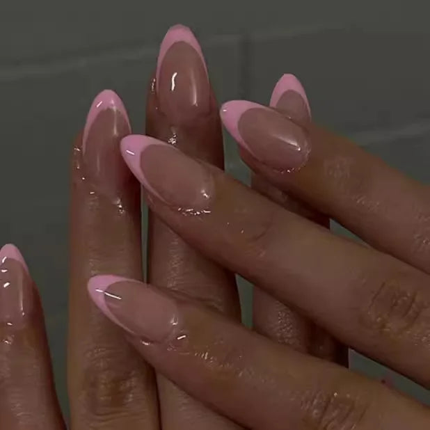 24Pcs Simple Almond Fake Nails Art with Glue Nude Color French Press on False Nails Black Stripes Design Wearable Oval Nail Tips