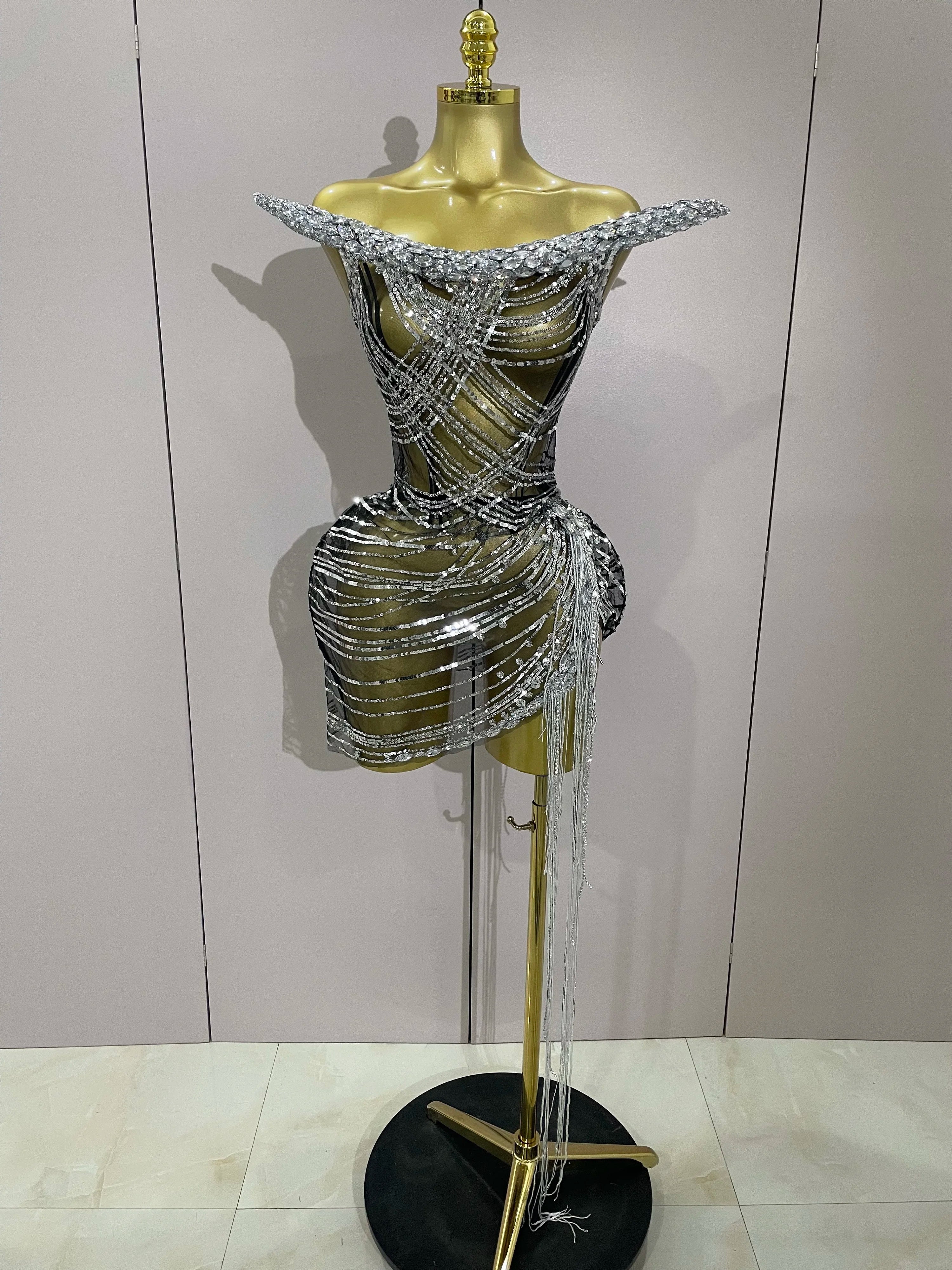 Stock Sexy Shinning Diamond Tassels Chain Strapless Tops Skirt 2 PCS Women Evening Party Celebrate Nightclub Performance Costume