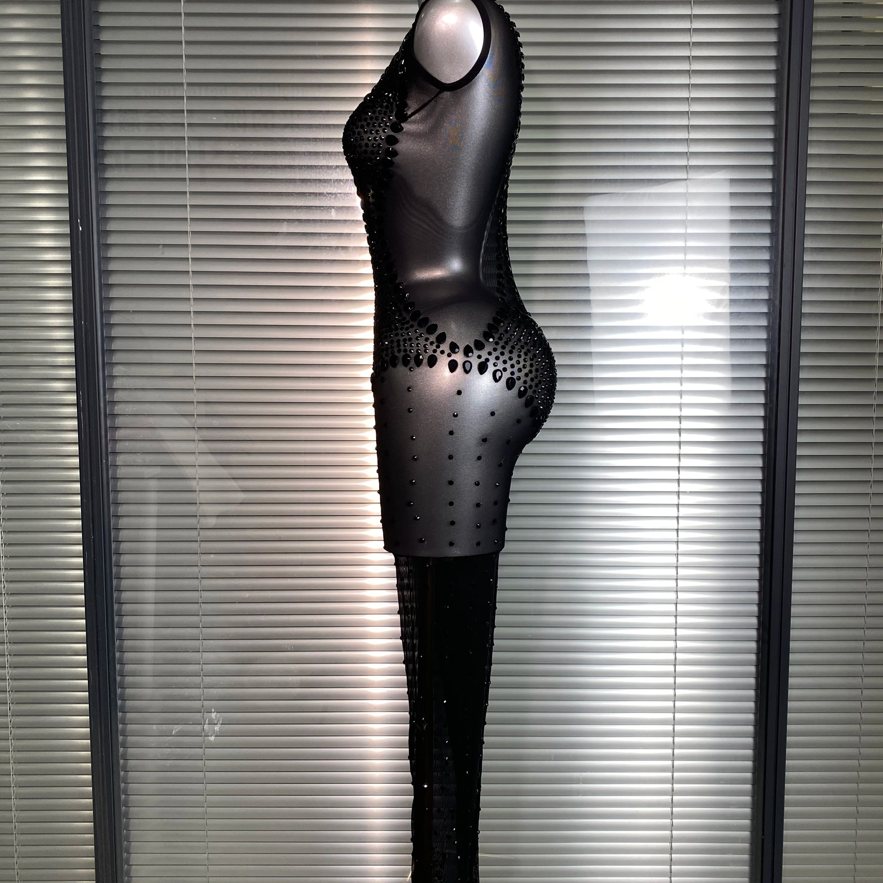 Summer New 2025 Women Sexy Crystal Sheer Black Bodycon Jumpsuit Celebrity Designer Dancer Celebrity Night Club Rompers