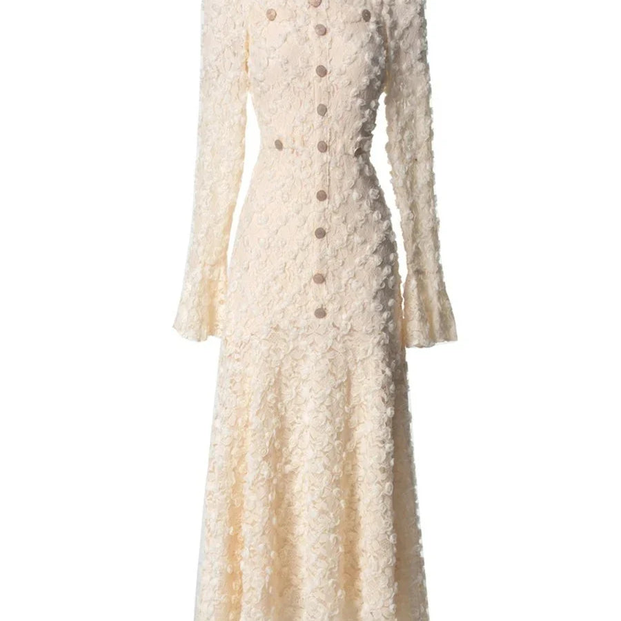 Solid Slimming Spliced Appliques Dresses for Women Round Neck Long Sleeves Patchwork Single Breasted Dress Female