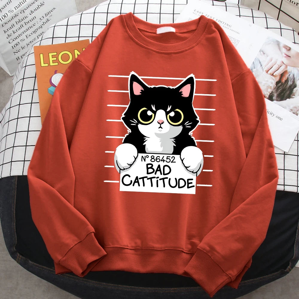 Autumn Winter Womens Pullover No86452 Bad Cattitude Funny Cat Print Hoodie Fleece All-Math Sweatshirts Warm Crewneck Ladies Tops Brick Red