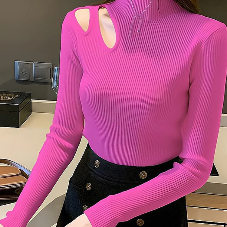 Knitted Sexy Hollow-out Turtleneck Women Sweaters Autumn Winter Jumper Tops Soft Warm Knitwears Female Pullovers Sweater Top Fuchsia One Size