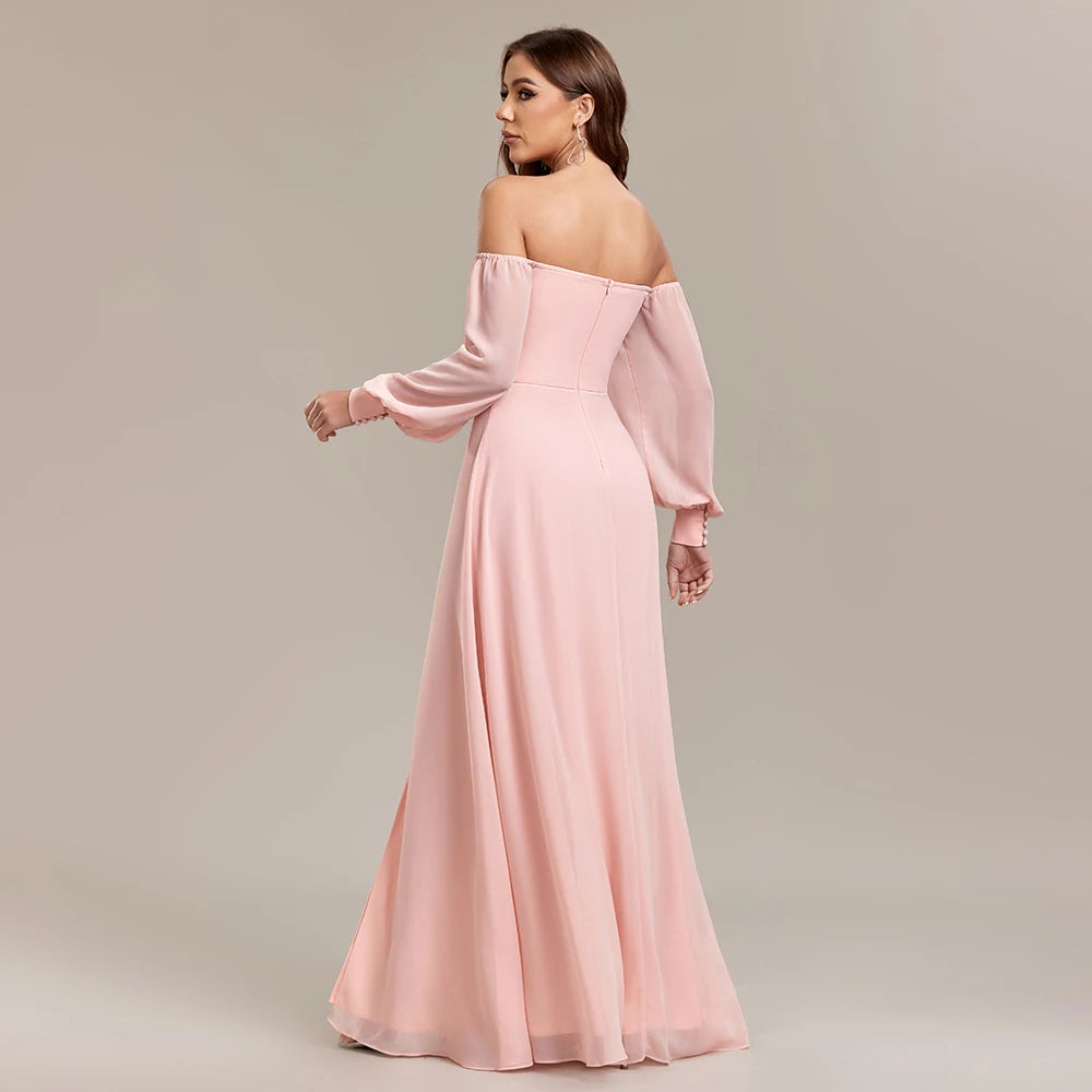 Women Strapless Pink Long Sleeved Bridesmaid Dresses Chiffon Free Wear Square Neck Party Gown Elegant Party Dress For Wedding