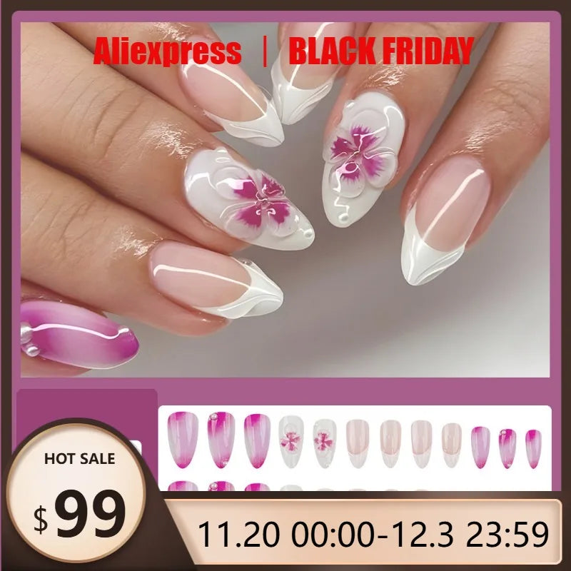 24Pcs Fashion Purple&White 3D Flower Press-On Nails Almond Shaped Glossy French Nail Tips for Daily Wear Suitable for All Ladies
