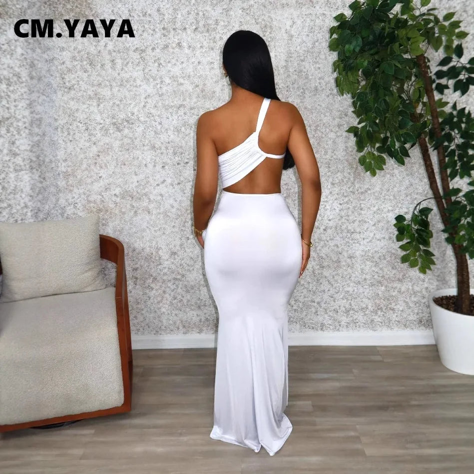 CM.YAYA Women Sleeveless Hollow Out Strap Ruched Maxi Long Dress 2025 Summer Street Sexy Party Birthday Evening Dresses Vestidos