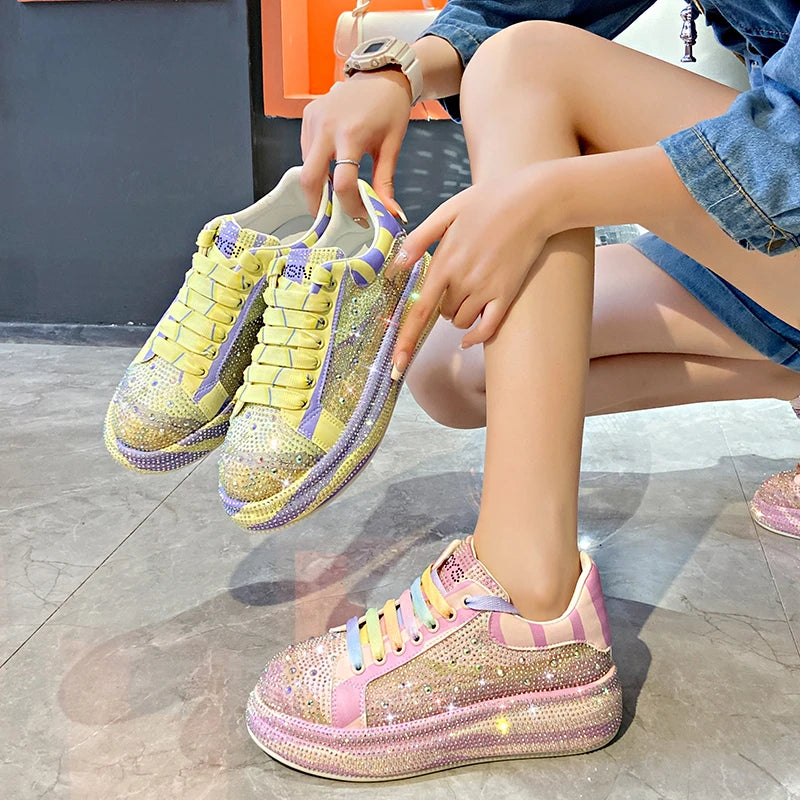 Autumn Women Platform Shoes rhinestones Thick-soled White Silver Shoes Shining Crystal Sneakers Trend Casual Sneakers