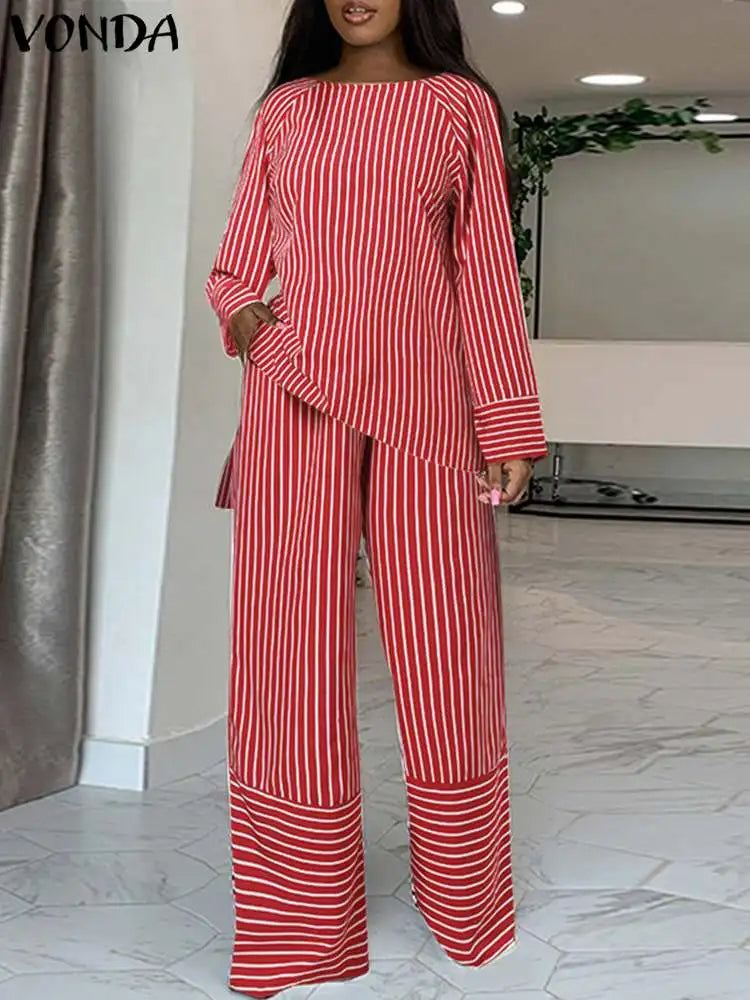 Plus Size 5XL VONDA Women Stripe Pant Sets 2024 Summer Fashion Long Sleeve Tops and High Waist Pants Casual Loose Elegant Suit
