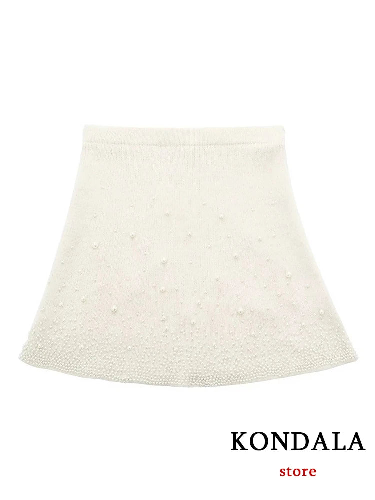 Vintage Knitted Pearl Women Suits Long Sleeve O Neck Thick Sweater+High Waist Knit Skirts Fashion Elegant Women Set