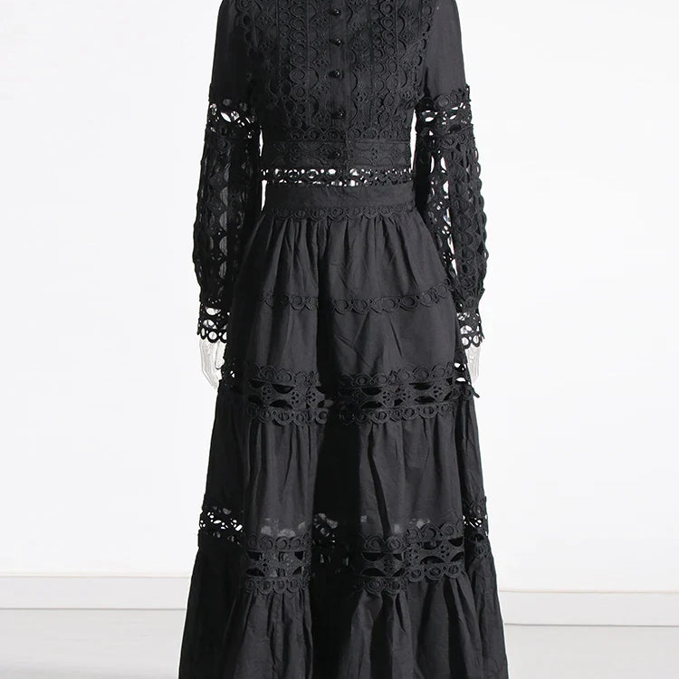 TWOTWINSTYLE Elegant Two Piece Sets For Women Stand Collar Lantern Sleeve Tops High Waist Skirt Hollow Out Set Female Clothing BLACK