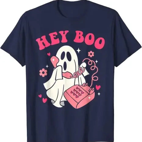 Hey Boo Funny Halloween Costume Spooky Season Scary Ghost T-Shirt Gift Gothic Style Streetwear Clothes Horror Graphic Tee Tops Navy Blue