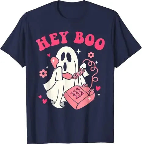 Hey Boo Funny Halloween Costume Spooky Season Scary Ghost T-Shirt Gift Gothic Style Streetwear Clothes Horror Graphic Tee Tops Navy Blue