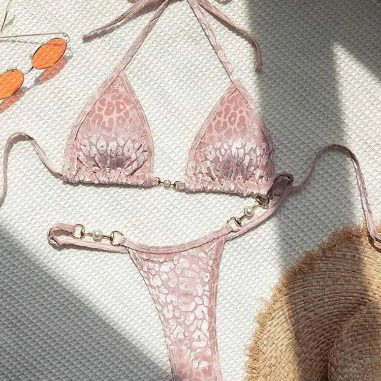 Sexy Leopard Print Glossy Bikini Women's 2-piece Thong Swimwear Suspender Lace-up Low Waist Backless Bathing Suit Beachwear Pink