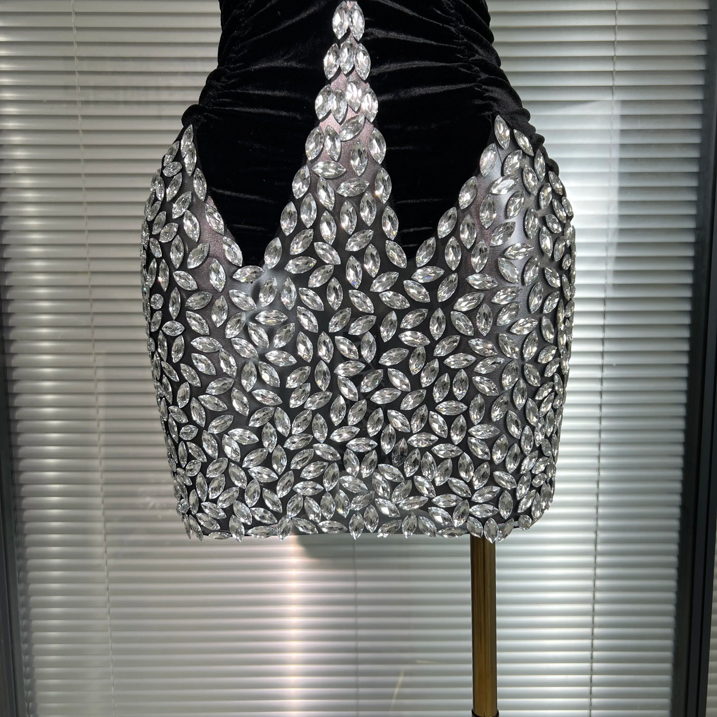 Women Sexy Mesh Crystal Diamonds Black Costume Stage Dancer Stretchy Night Club Strapless Mini Party Dress
