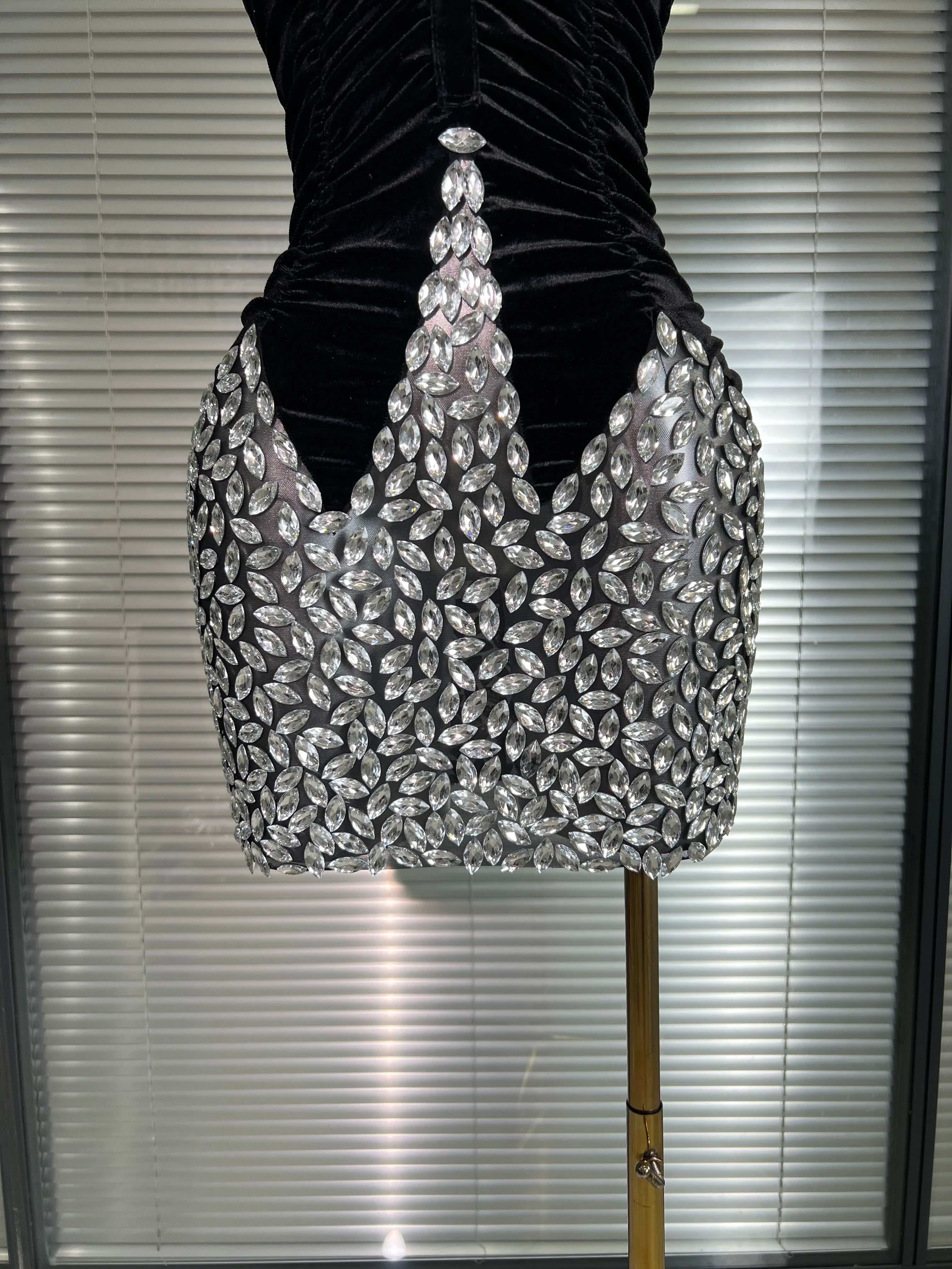 Women Sexy Mesh Crystal Diamonds Black Costume Stage Dancer Stretchy Night Club Strapless Mini Party Dress