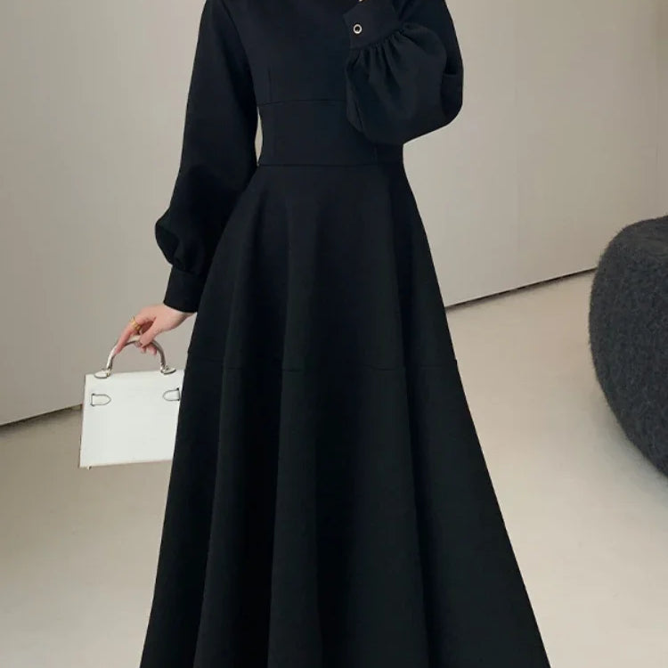Spring Elegant Women Fashion New Casual Black Dress Vintage A-Line Solid Party Birthday Robe Female Chic Clothes Mujers black