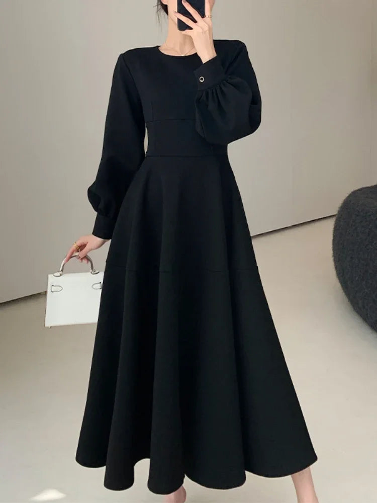 Spring Elegant Women Fashion New Casual Black Dress Vintage A-Line Solid Party Birthday Robe Female Chic Clothes Mujers black