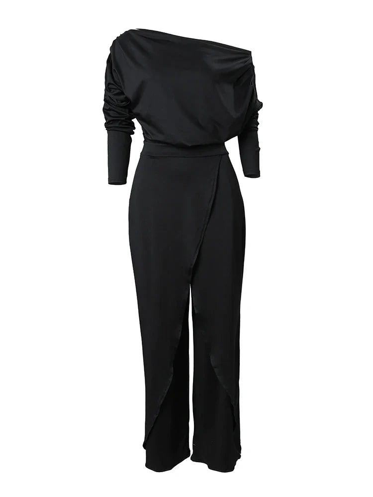 Elegant Jumpsuits for Women Spring New Plain Elegant Office Lady Loose Ruched Cold Shoulder Split Hem Wide Leg Jumpsuit