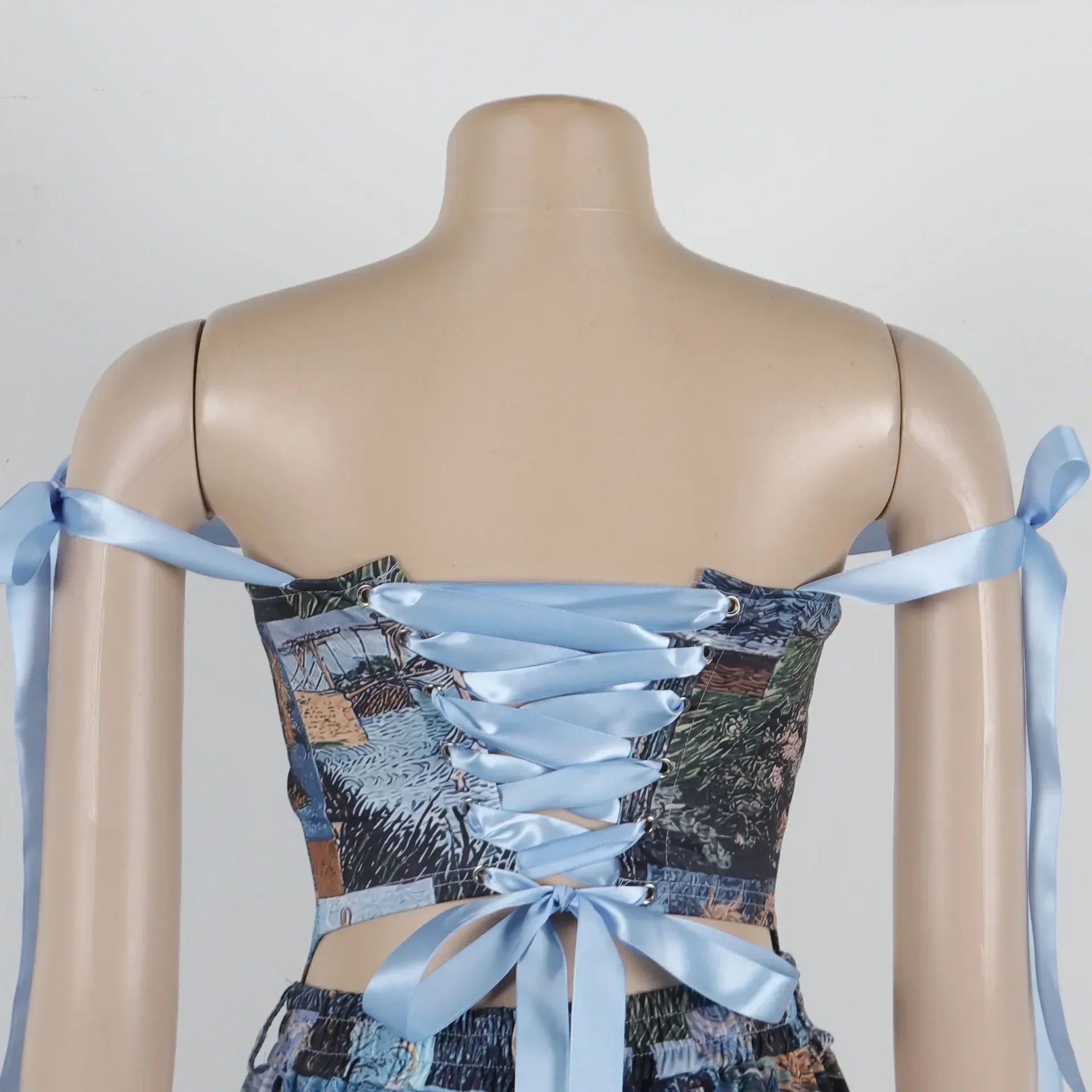 CM.YAYA Oil Painting Printed Women's Set Lace Up Back Crop Top and Pants Suit 2024 Fall Winter Two 2 Piece Sets Outfit Tracksuit