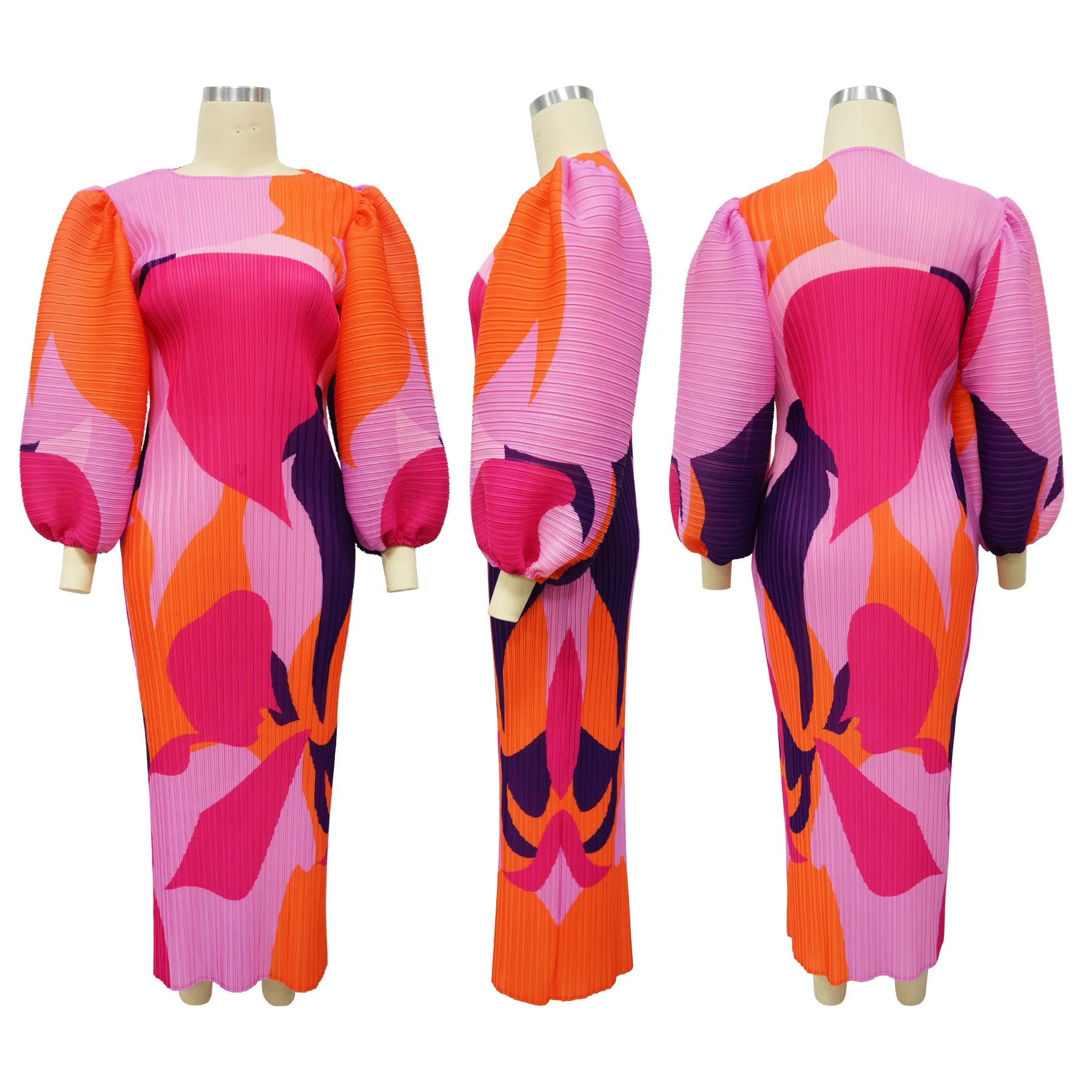 CM.YAYA Elegant Women Pleated Half Lantern Sleeve O-neck Slim Maxi Long Dress Print Fashion Autumn 2024 Ruched Dresses Vestidos