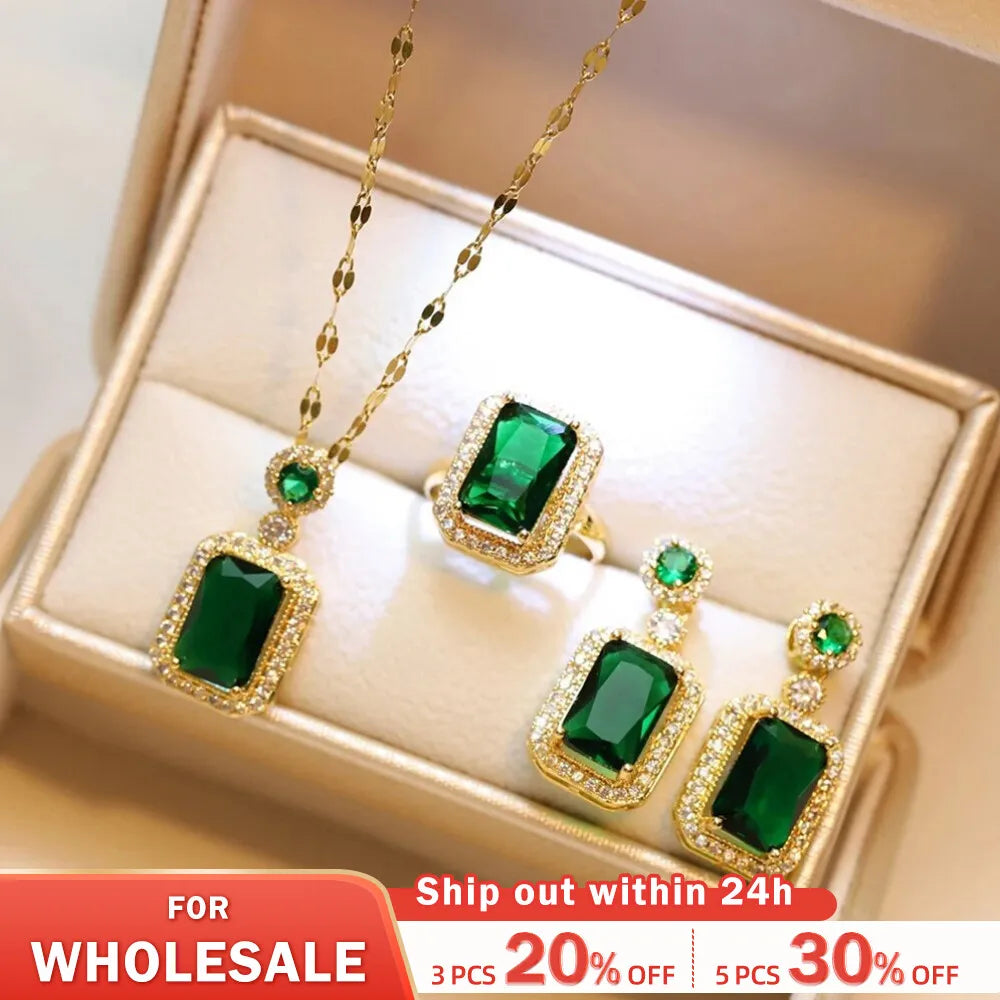 4PCS Sets Exquisite Quadrate Rhinestone Necklace Earrings Ring Jewelry Set Charm Ladies Jewelry Fashion Bridal Gifts