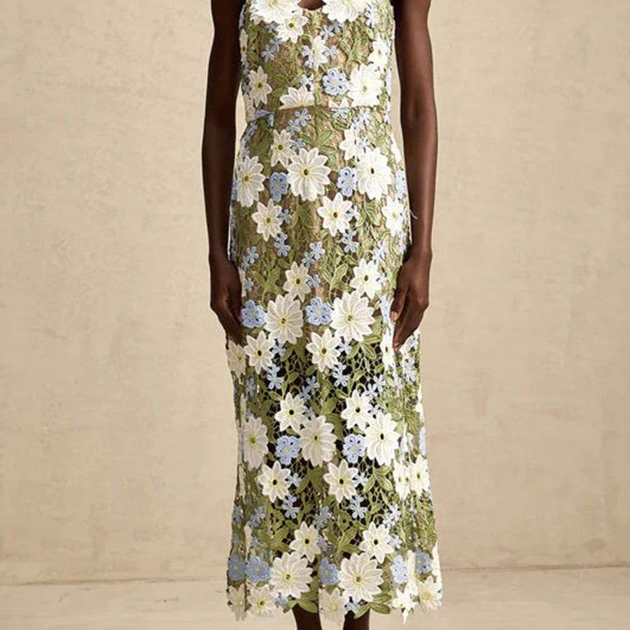 TWOTWINSTYLE Colorblock Slimming Fashion Midi Dresses for Women Square Neck Sleeveless Patchwork Applique Dress Female Clothing