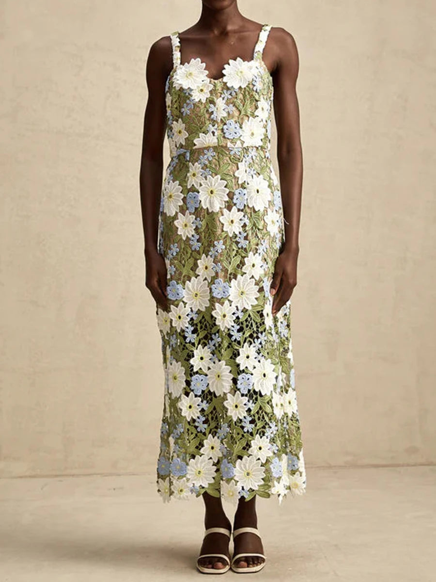 TWOTWINSTYLE Colorblock Slimming Fashion Midi Dresses for Women Square Neck Sleeveless Patchwork Applique Dress Female Clothing