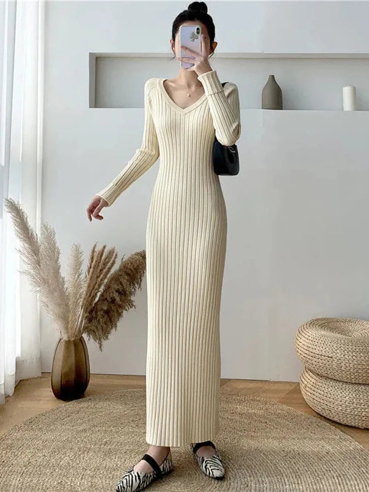 Zoki Elegant Solid Women Knitted Dress Simple Korean Slim Long Sleeve Ankle Length Dress Casual V Neck Office Ladies Chic Dress Apricot