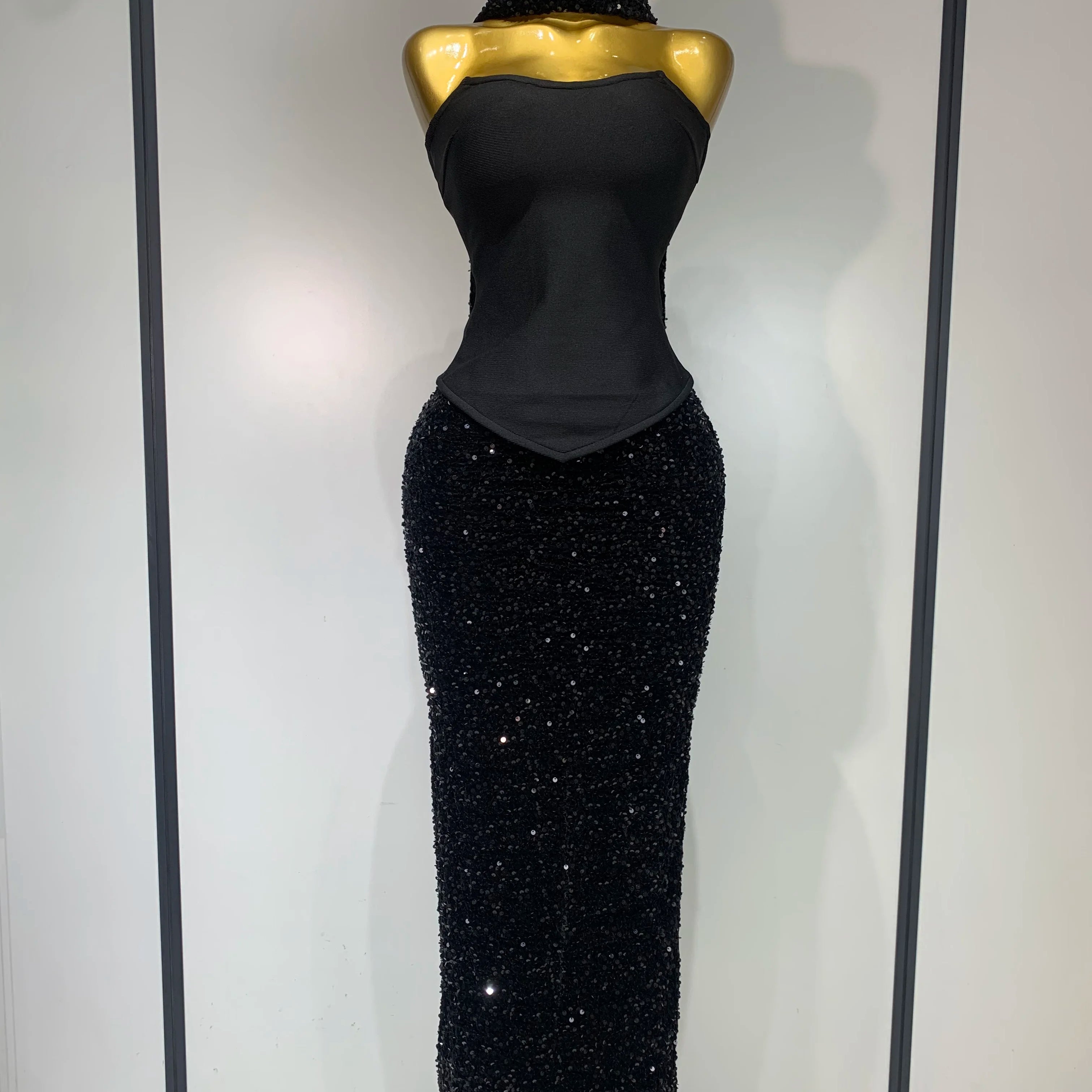 Women Sexy Strapless Sequin Black Maxi Long Bandage Three Piece Set 2025 Knitted Elegant Evening Club Party Birthday Prom Gowns