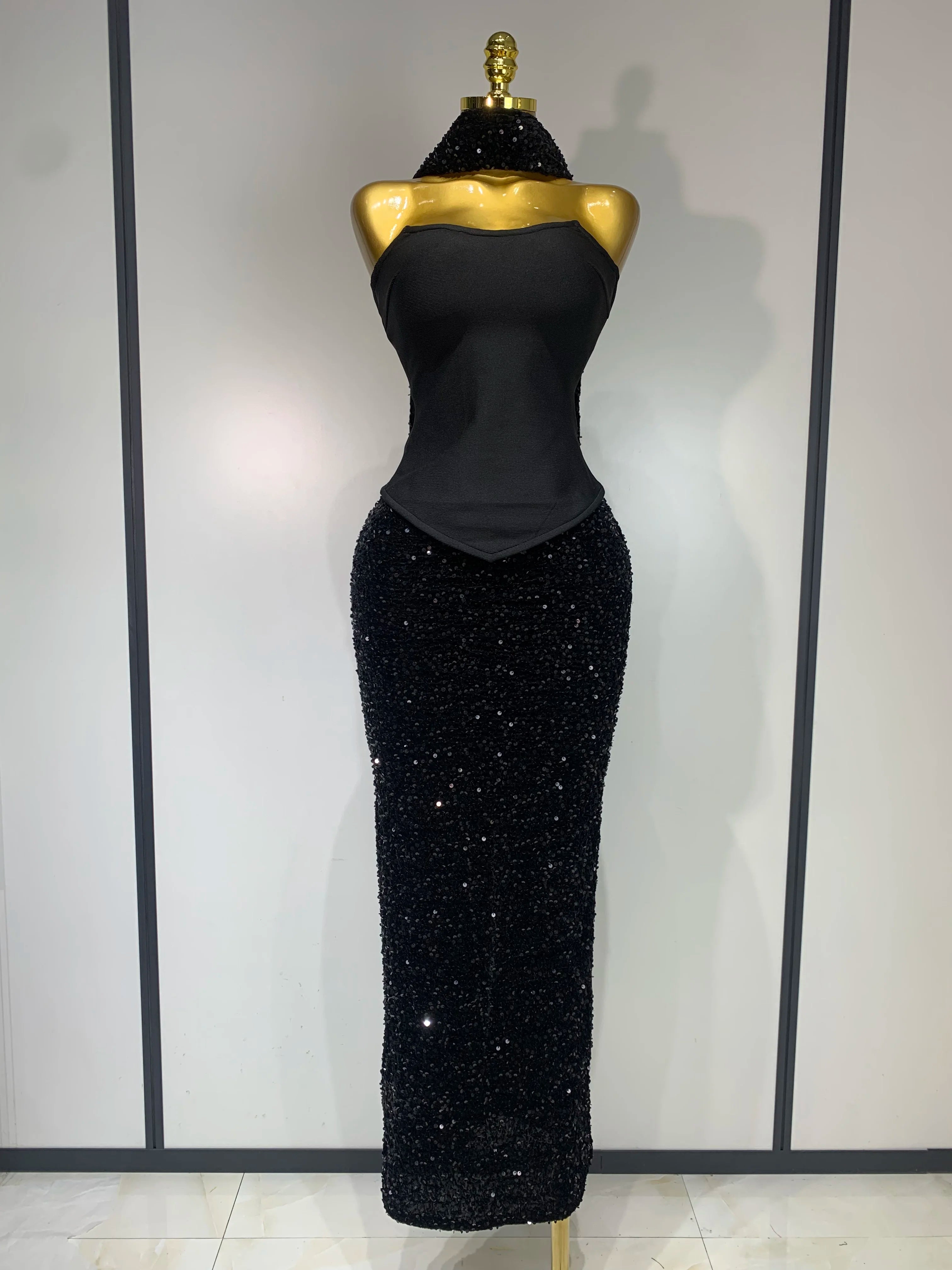 Women Sexy Strapless Sequin Black Maxi Long Bandage Three Piece Set 2025 Knitted Elegant Evening Club Party Birthday Prom Gowns