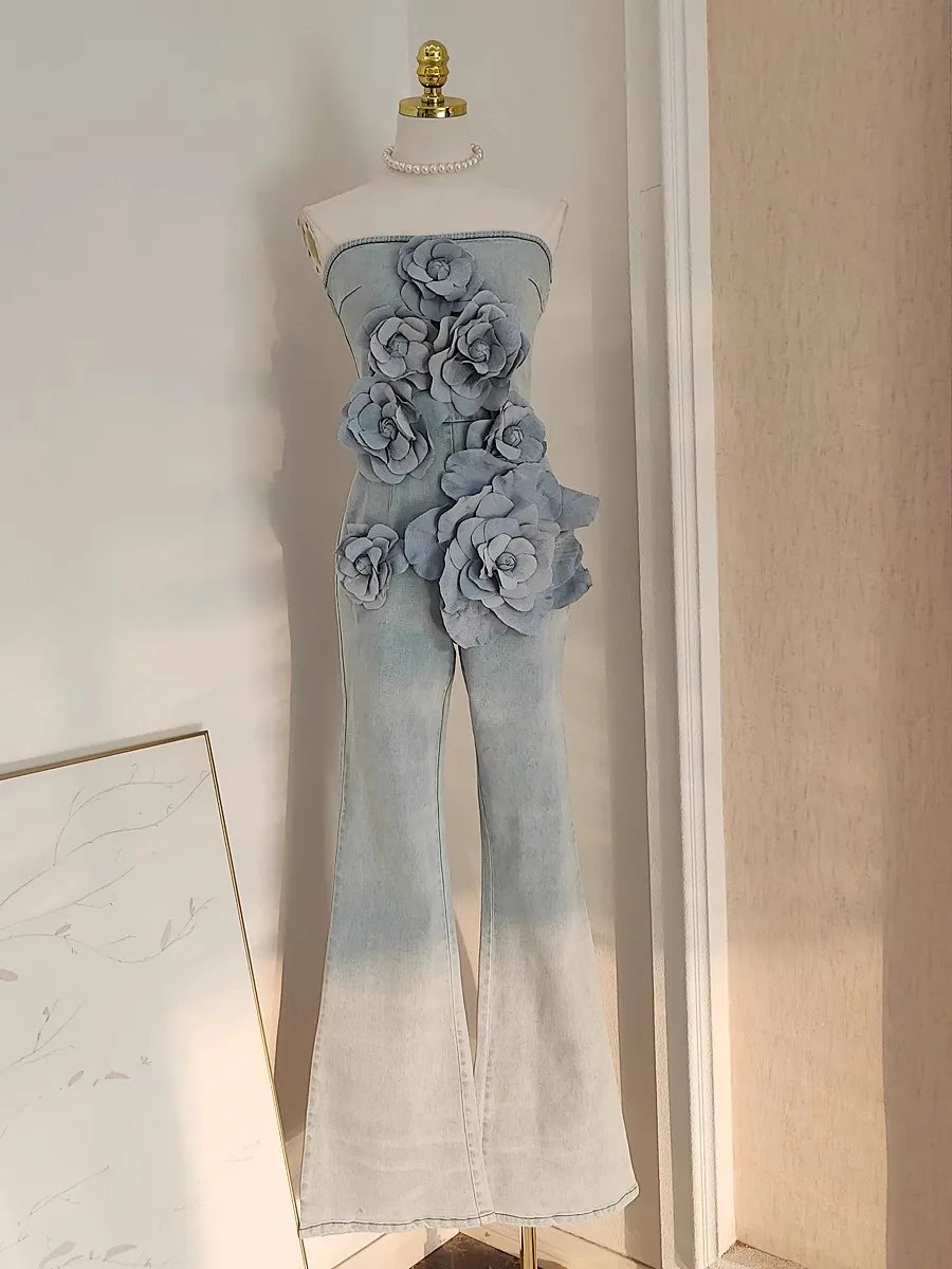 3D Appliques Flower Strapless Demin Jumpsuits For Women Off Shoulder Sleevelss Solid Color High Waist Full Length Overalls