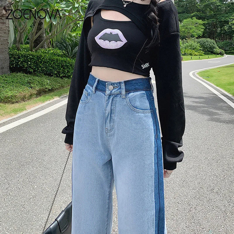 ZOENOVA Loose Women Jeans Spring Straight Wide Leg Pants Trendy Harajuku Streets Y2K High Waist Contrast Stripes Denim Trousers