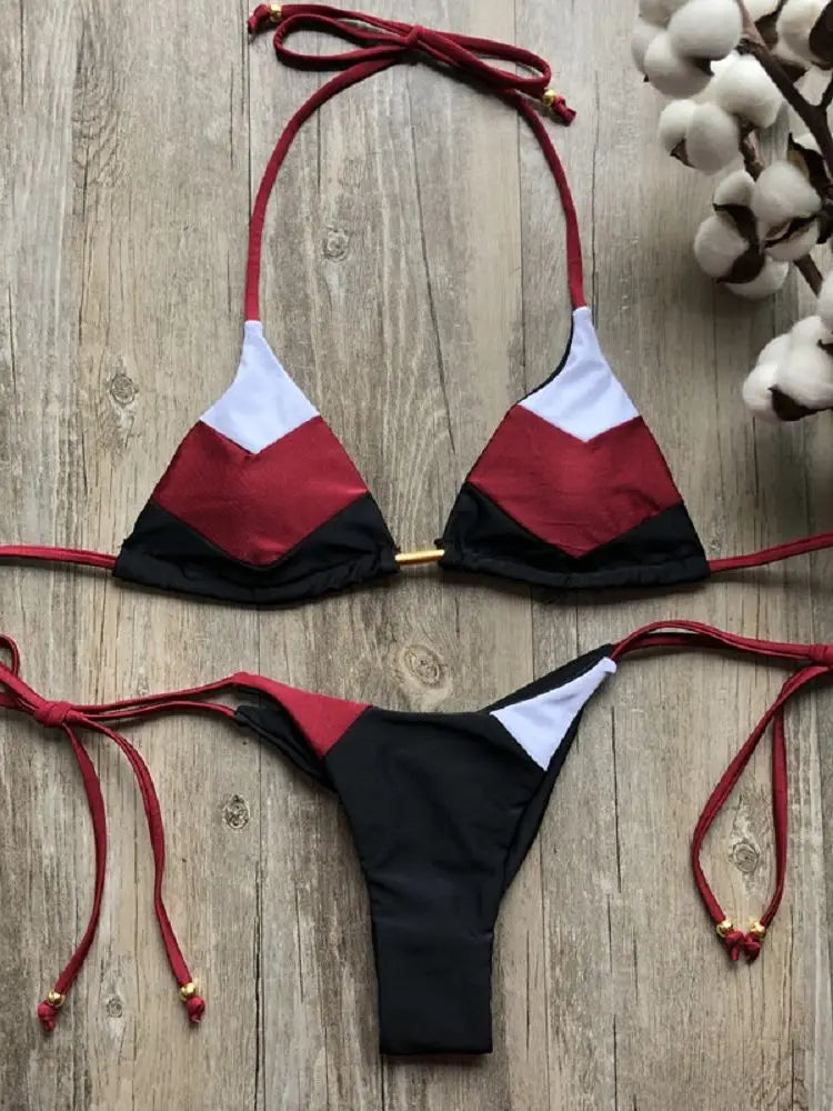 Sexy Halter Swimsuit Women Thong Micro Bikini Push Up 2023 Brazilian Bikini Tropical Plant Print Swimwear String Mini Swimsuit hei jiu hong bai