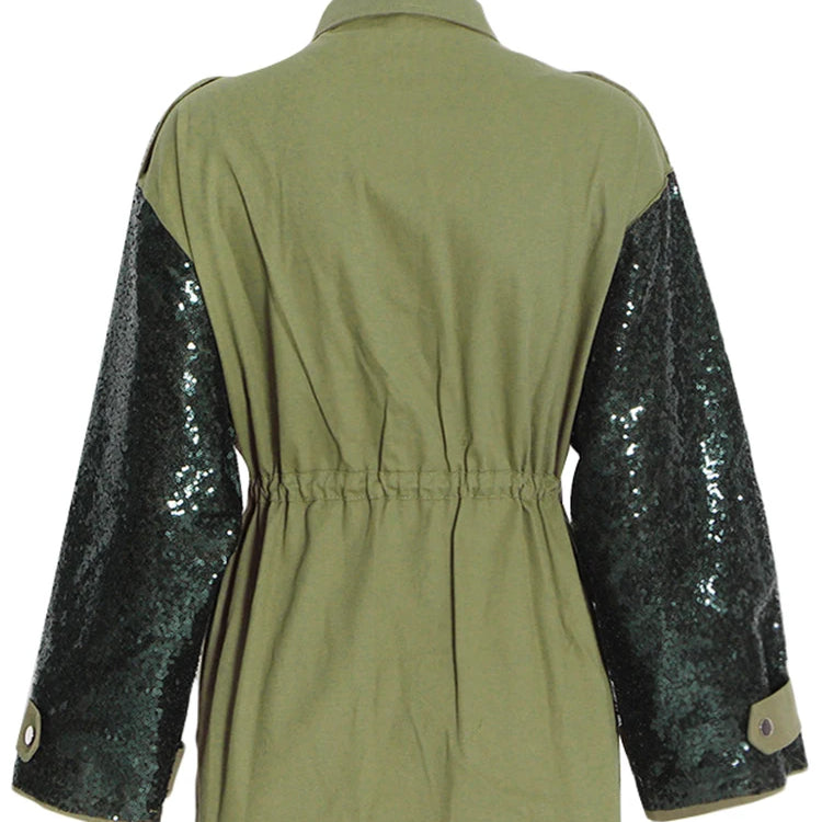 Patchwork Sequins Casual Loose Coats For Women Lapel Long Sleeve Spliced Pockets Colorblock Streetwear Coat Female Fashion